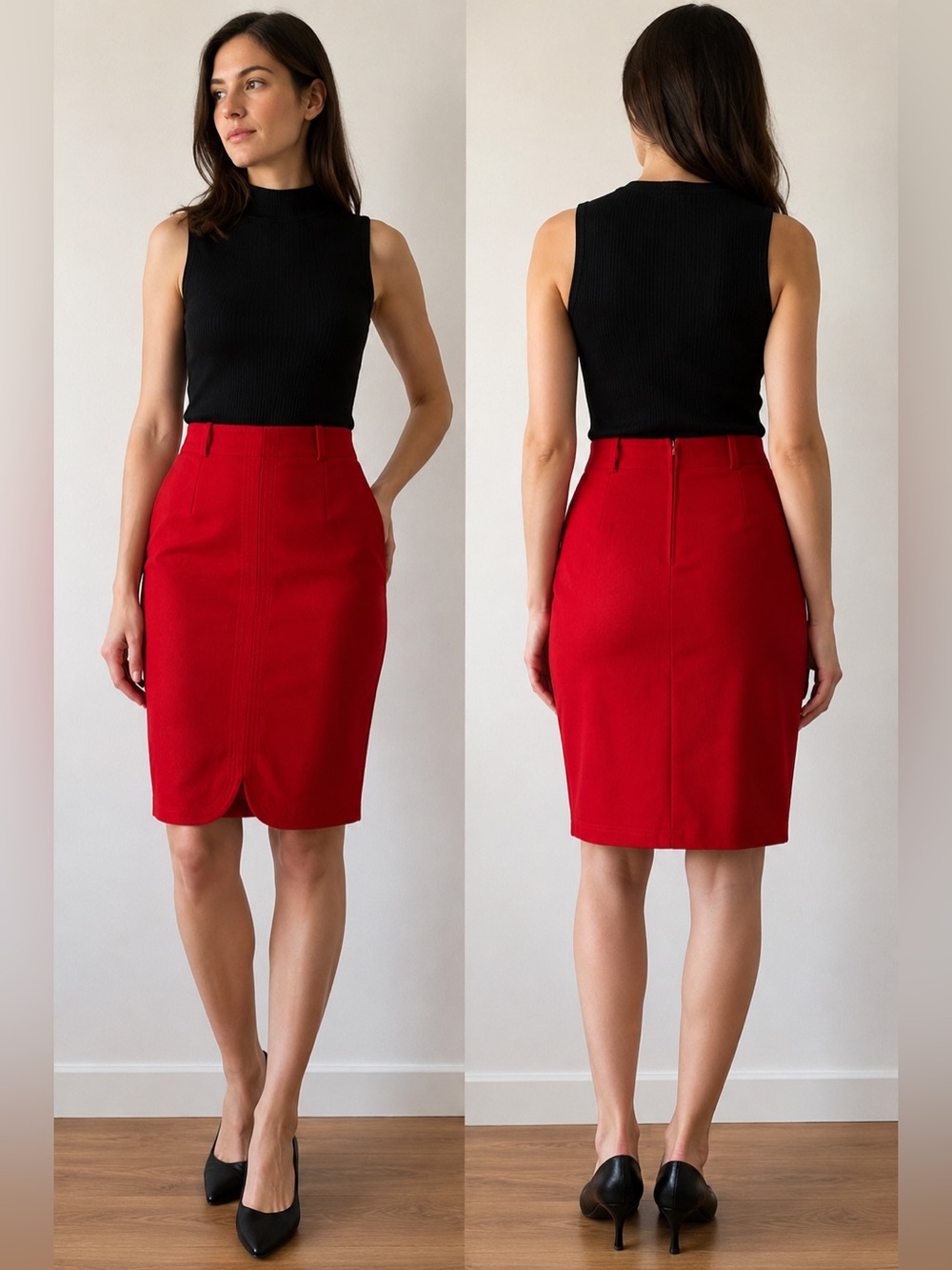 Vintage Robert Alexandre Tailored Vibrant Red Virgin Wool Pencil Skirt Canada 38